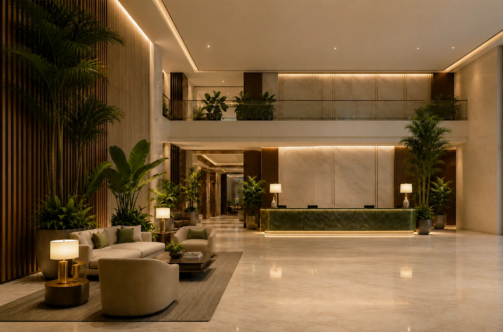 Lobby de hotel con instalación biofílica de The Pots