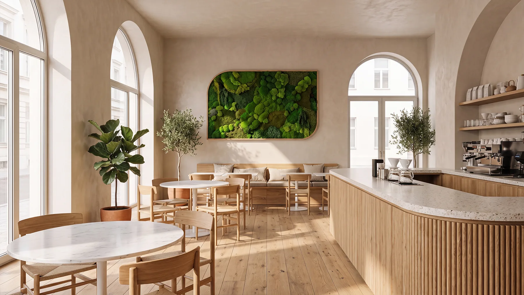 La misma cafetería con diseño biofílico