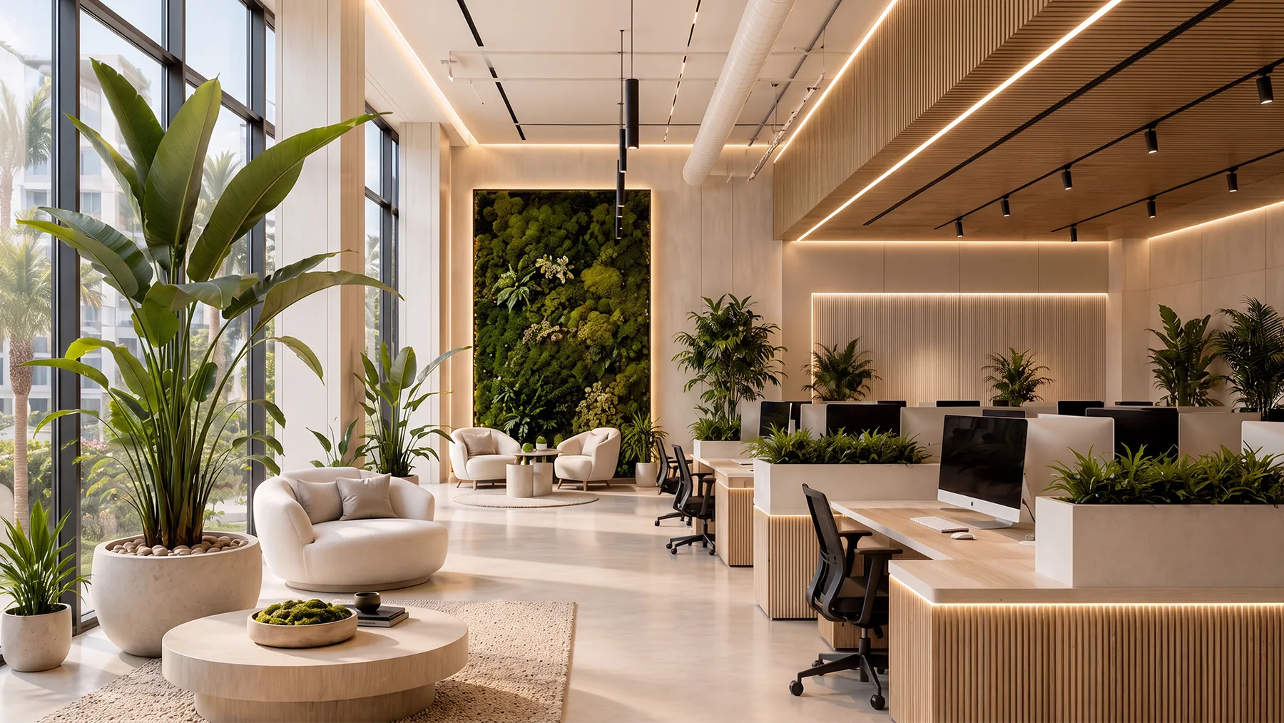 La misma oficina con panel de musgo y plantas